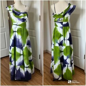 Busayo Collective Tie Dye Maxi‎ Dress Ruffle One Shoulder Tiered Summer Dress 8